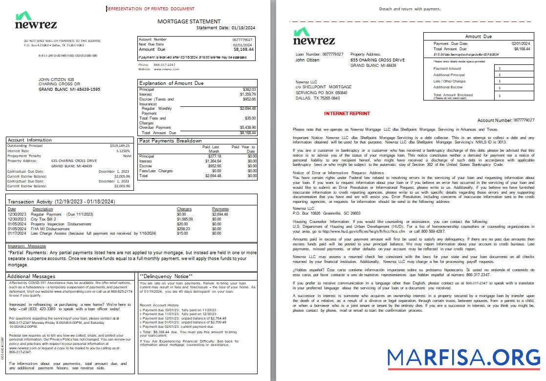 Downloadable USA Texas Newrez mortgage statement, 3 pages 1 2 scr sample
